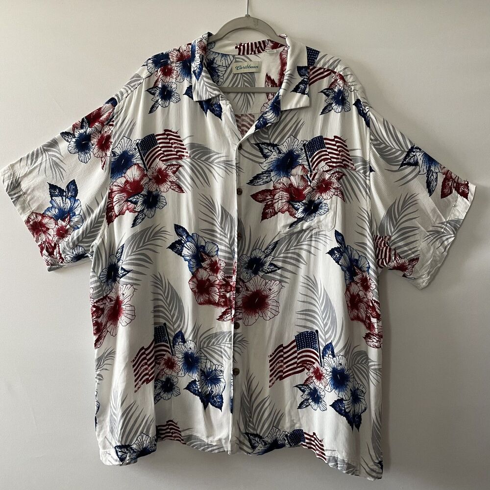 Caribbean Hawaiian Camp Shirt Short Sleeve Floral Flag White Men Size 3XB